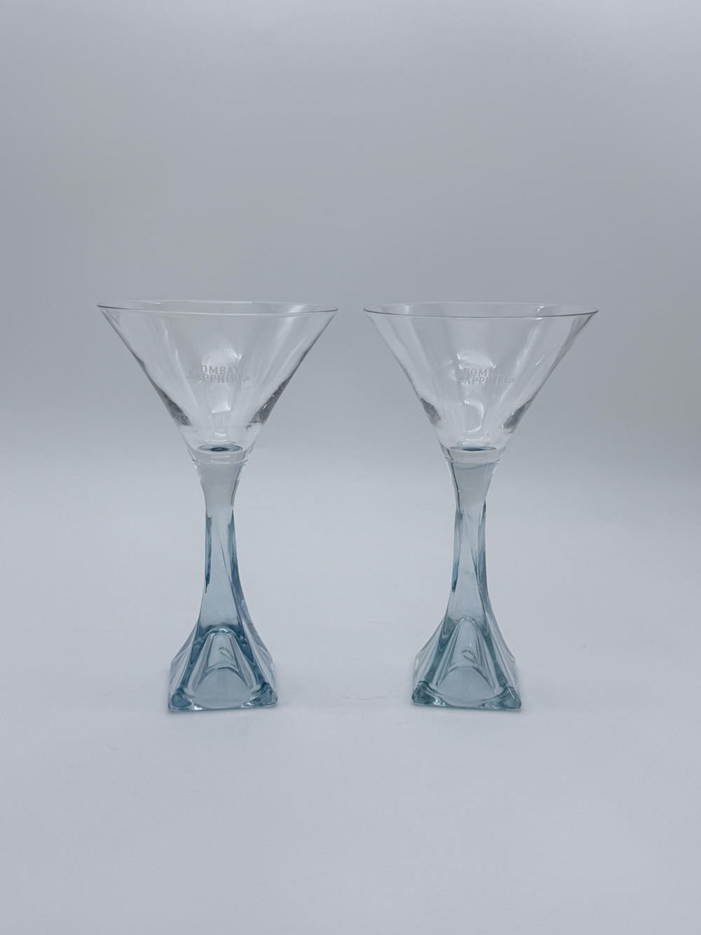 Vtg. LTD Bombay Blue Sapphire Mariner Martini Glasses Set W/Built In Shot Glass